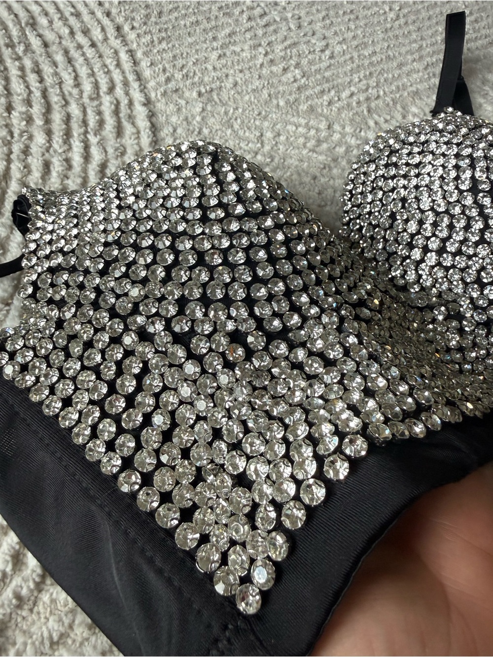 Embellished Black Diamond Rhinestone Bustier Crop Top Push Up Bra Size Large - Picture 9 of 16